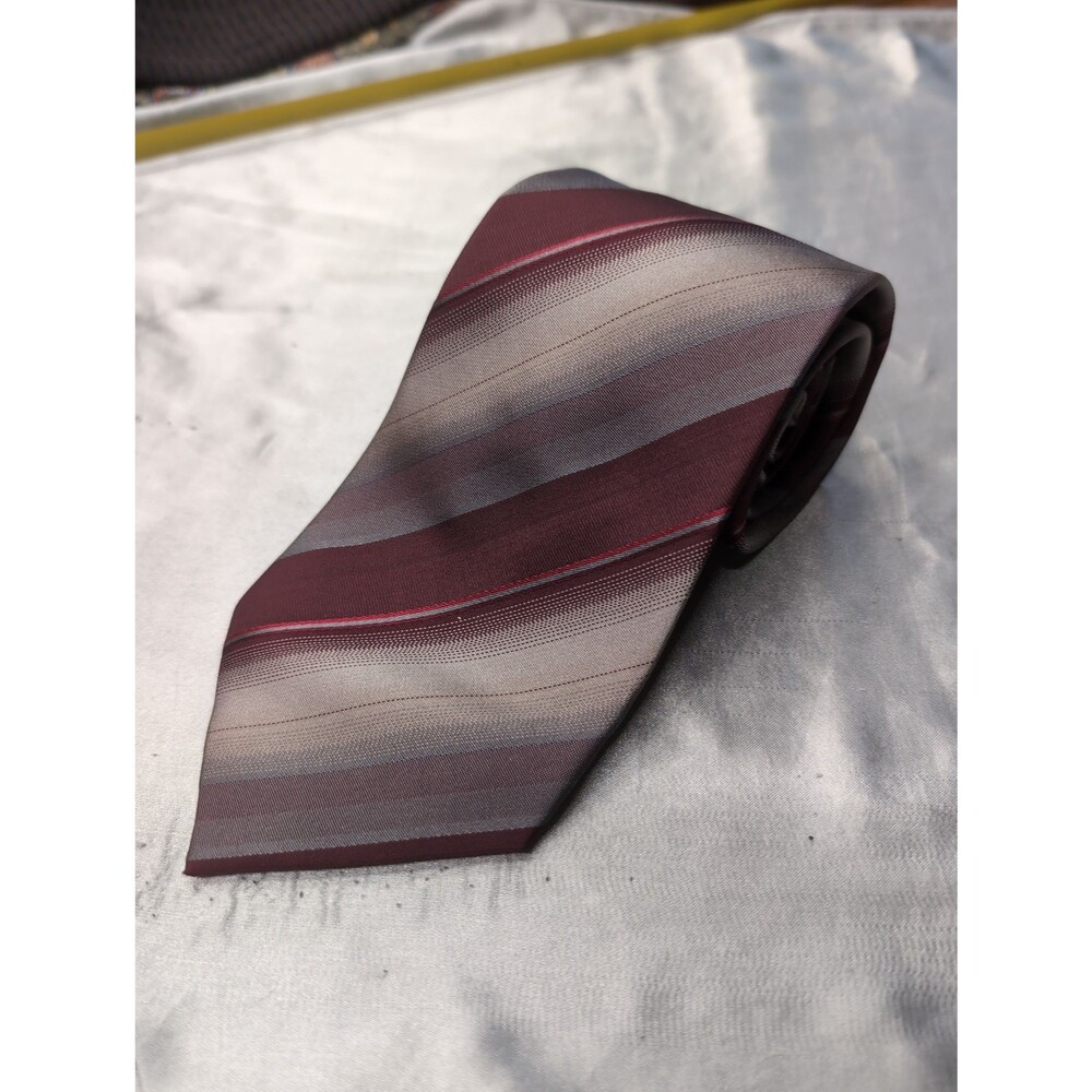 Van Heusen 100% Silk Necktie - Maroon Burgundy Grey Diagonal Stripe Mens Tie